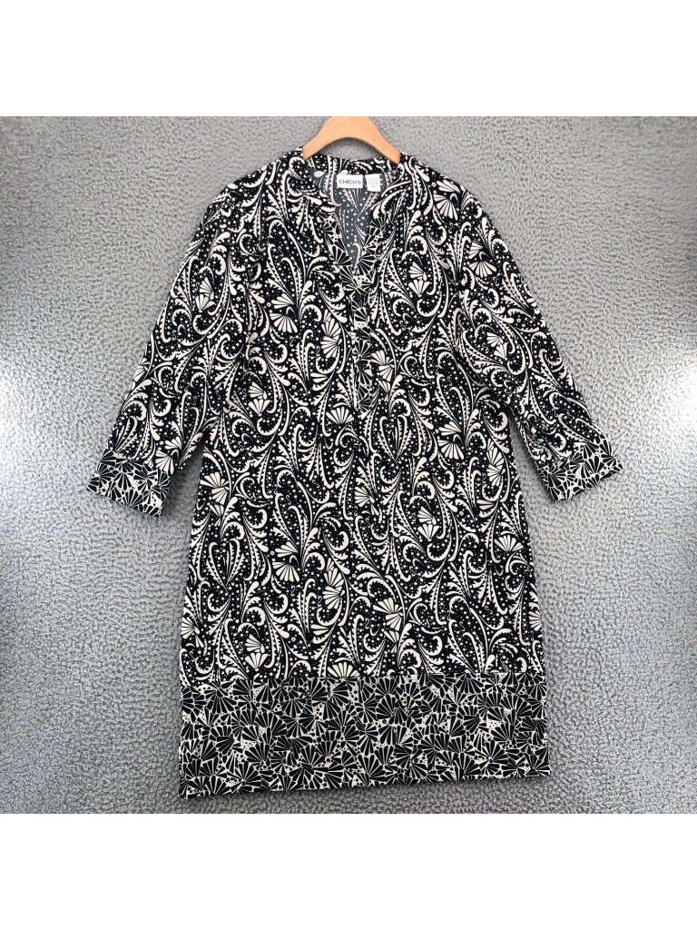 Chicos Dress Womens 2 Us 8 Black Floral Shirt Travel Knit Stretch Long Sleeve